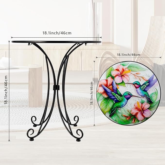 18 Inch Outdoor Side Table, Hummingbird Metal Accent Table, Indoor Small Round End Table - Photo 3