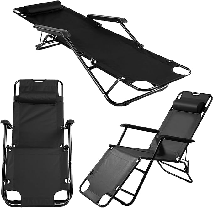 Outdoor Folding Chaise Lounge Chair, Patio Sun Lounger Reclining Beach Chair Sun Patio Pool Lawn Recliner Chair (Black)