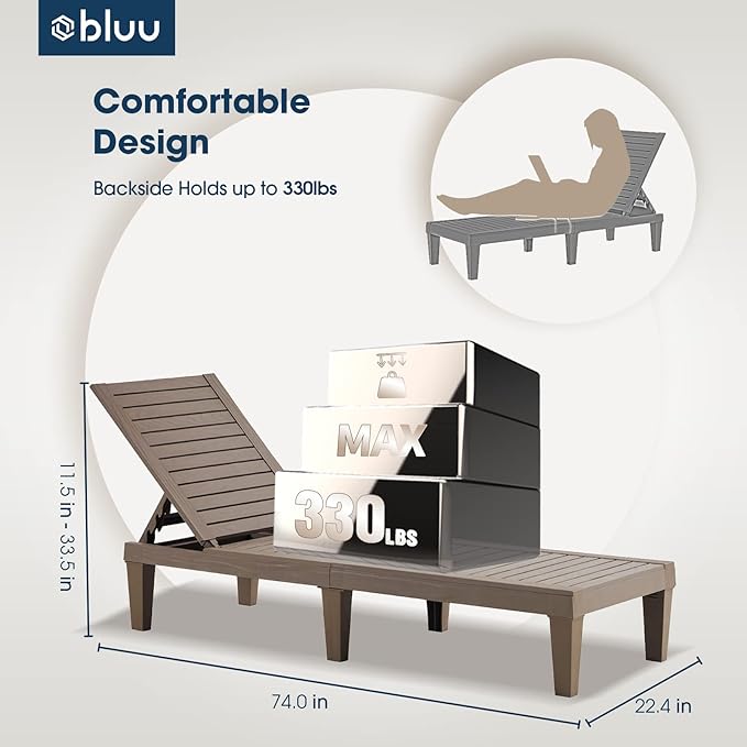 BLUU Chaise Lounge Outdoor | Lounge Chairs for Outside|Adjustable with 5 Positions| Wood Texture Design | Waterproof | Easy to Assemble | Max Weight 330 lbs| Pool Lounge Chairs| Set of 2