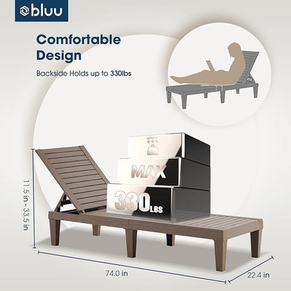 BLUU Chaise Lounge Outdoor | Lounge Chairs for Outside|Adjustable with 5 Positions| Wood Texture Design | Waterproof | Easy to Assemble | Max Weight 330 lbs| Pool Lounge Chairs| Set of 2