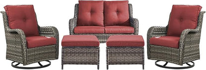 Rilyson Wicker Patio Furniture Set - 5 Piece Rattan Outdoor Sectional Conversation Sets with 2 Rocking Swivel Chairs,2 Ottomans and 1 Loveseat for Porch Deck Garden(Mixed Grey/Red)