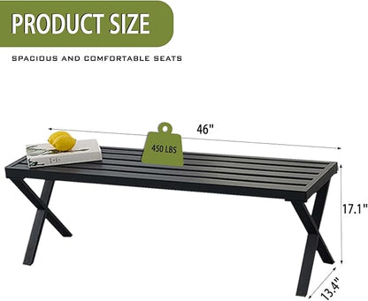 Outdoor Metal Backless Bench Weatherproof Patio Bench with Slatted Seat, X-Shaped Legs, All-Weather Garden Bench for Porch, Patio, Lawn and Backyard, Black