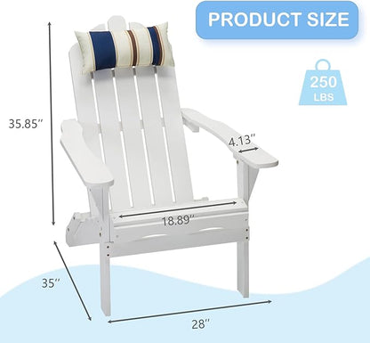 DJL White Wood Folding Adirondack Chair Outdoor Wooden Fire Pit Chair with Cushion for Lawn & Lawn, White