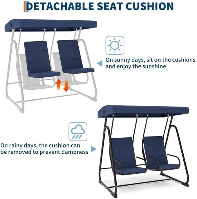 2-Person Outdoor Swing Chair with Canopy, Heavy Duty Patio Glider Bench, High Back Support, Detachable Cushions - Photo 7