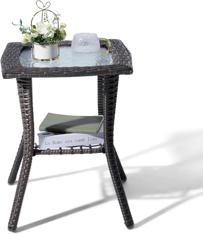 Outvita Outdoor Side Table, Patio Rattan Coffee Table Small End Table with Glass Tabletop and Storage Shelf for Patio Porch Backyard Balcony Living Room
