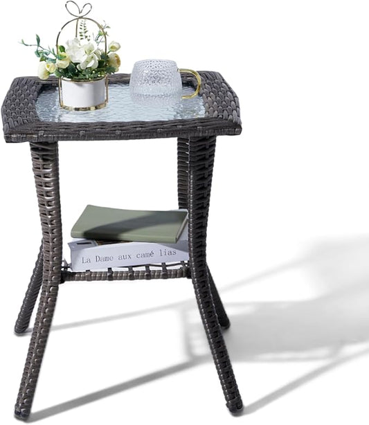 Outvita Outdoor Side Table, Patio Rattan Coffee Table Small End Table with Glass Tabletop and Storage Shelf for Patio Porch Backyard Balcony Living Room