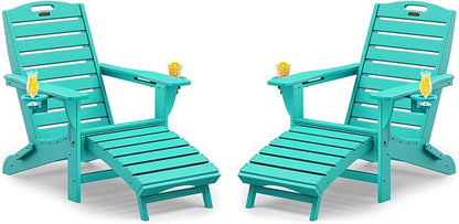 Folding Adirondack Chairs Set of 2,Adirondack Chair with Retractable Ottoman,Plastic Adirondack Chairs with 2 Cup Holder,Weather Resistant Patio Chair,Outdoor Chairs Set of 2(Lake Blue)