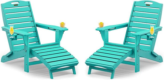 Folding Adirondack Chairs Set of 2,Adirondack Chair with Retractable Ottoman,Plastic Adirondack Chairs with 2 Cup Holder,Weather Resistant Patio Chair,Outdoor Chairs Set of 2(Lake Blue)