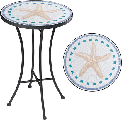 Vipush Mosaic Outdoor Side Table, 14" Round Folding Plant Stand for Patio Garden Backyard Balcony Porch Indoor Accent End Table for Living Room, Ceramic Tabletop with Black Iron, Starfish