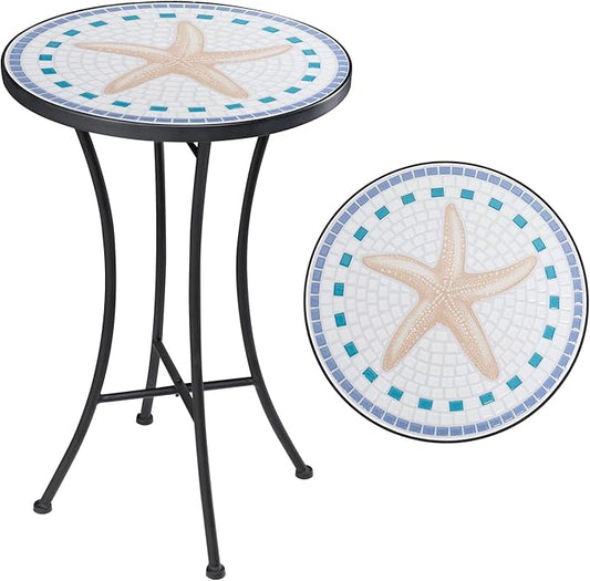 Vipush Mosaic Outdoor Side Table, 14" Round Folding Plant Stand for Patio Garden Backyard Balcony Porch Indoor Accent End Table for Living Room, Ceramic Tabletop with Black Iron, Starfish