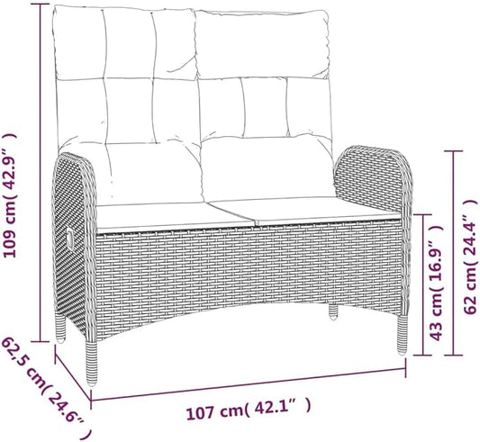 Reclining Garden Bench Grey PE Rattan Outdoor Benches Patio Bench for Garden Balcony 42.1 in Wide