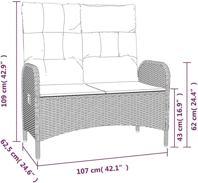 Garden Bench Deck Bench Reclining Patio Bench with Cushions 42.1" Poly Rattan Gray - Photo 2