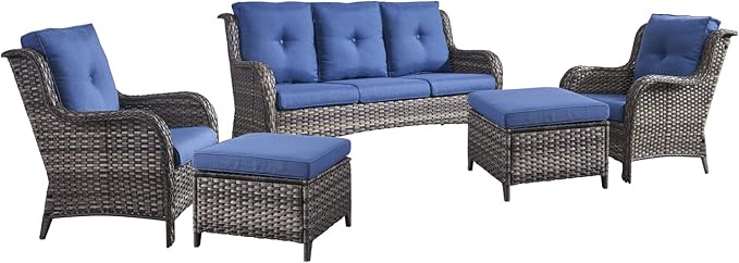 HUMMUH Outdoor Furniture 5 Pieces Patio Furniture Set Wicker Outdoor Sectional Sofa with 2 Patio Chairs,Ottomans