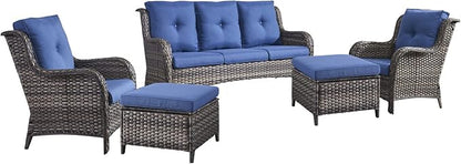 HUMMUH Outdoor Furniture 5 Pieces Patio Furniture Set Wicker Outdoor Sectional Sofa with 2 Patio Chairs,Ottomans