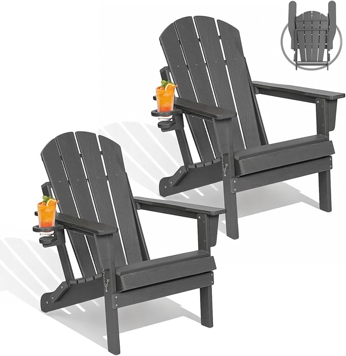Folding Adirondack Chairs Set of 2, Plastic Outdoor Patio Chairs with Cup Holder, Wood-Textured with Large Seat for Poolside Backyard Lawn, Gray