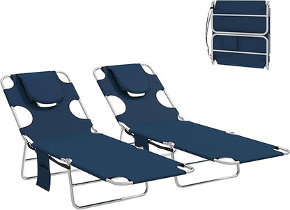 Outsunny Chaise Lounge Chair Outdoor Set of 2 with Face Arm Hole, 5-Position Reclining Face Down Tanning Chair with Carry Strap, Side Pocket, Portable Folding Bed Cot for Patio Beach Pool, Dark Blue