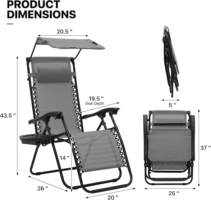 MoNiBloom Zero Gravity Chair Set of 2 with Canopy Shade, Patio Folding Anti Gravity Recliner, Foldable Outdoor Lounger with Cup Holder Tray for Beach Camping, Grey