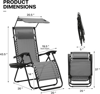 MoNiBloom Zero Gravity Chair Set of 2 with Canopy Shade, Patio Folding Anti Gravity Recliner, Foldable Outdoor Lounger with Cup Holder Tray for Beach Camping, Grey
