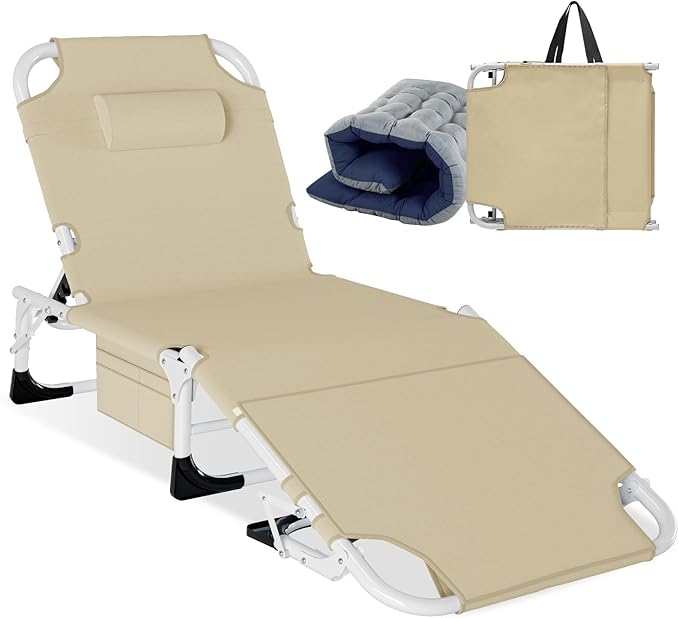 LILYPELLE Folding Chaise Lounge Chair with Mattress, 5 Position Beach Chair with Face Hole, Patio Chaise Lounge Chairs for Outside, Sunbathing, Camping, Pool, Beach, Poolside