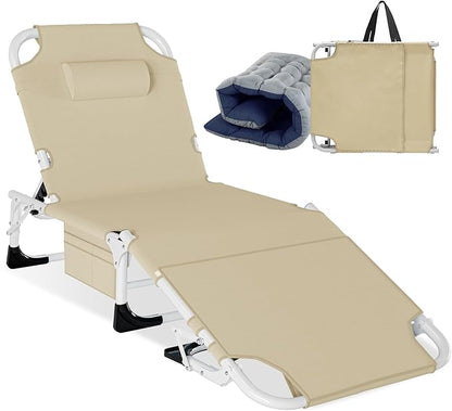 LILYPELLE Folding Chaise Lounge Chair with Mattress, 5 Position Beach Chair with Face Hole, Patio Chaise Lounge Chairs for Outside, Sunbathing, Camping, Pool, Beach, Poolside