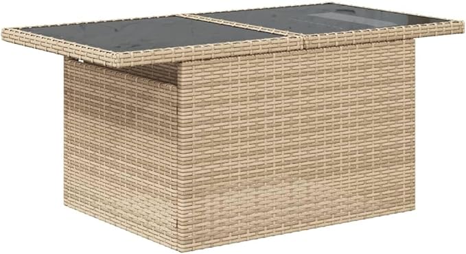 Beige Poly Rattan Height Adjustable Garden Table with Tempered Glass Top Rectangular Outdoor Furniture for Patio - Photo 4