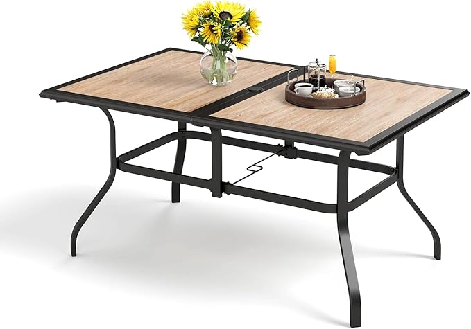 PHI VILLA Outdoor Dining Table for 6, 60" Metal Rectangle Metal Steel Table with Polywood Tabletop - Photo 1