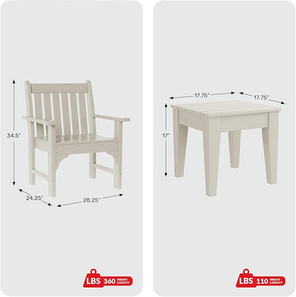 Costaelm Outdoor Patio Table and Chairs Set of 2, 2-Piece HDPE Garden Chair with Square Adirondack Side Table Set, Porch Chairs Coffee Table for Outside Porch Backyard, Sand