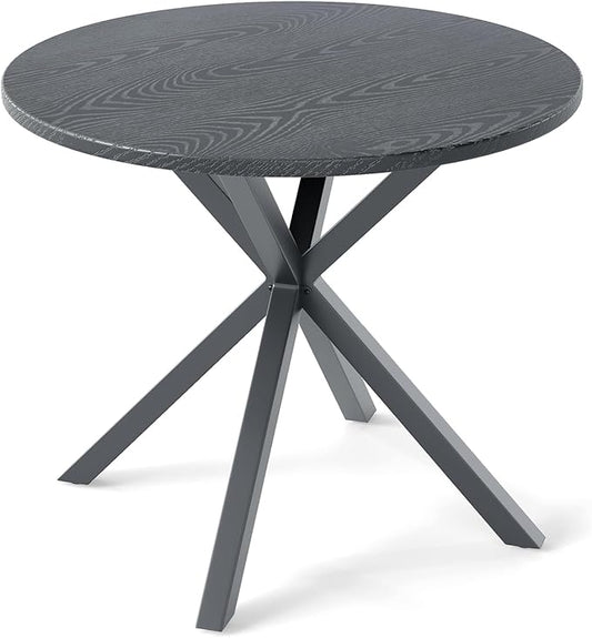 Tangkula 34-Inch Metal Round Patio Dining Table for 4, Heavy Duty Outdoor Metal Frame Dinner Table with Wood-Like Top & X-Shaped Legs, Outside Bistro Table for Deck, Balcony, Backyard, Lawn & Garden