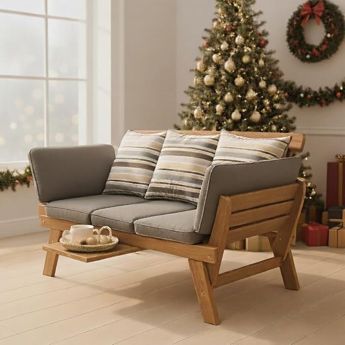 IDZO Amelie Eucalyptus Convertible Outdoor Sofa, 750lbs Capacity Patio Couch with Folding Armrest & Coffee Tray - Photo 7