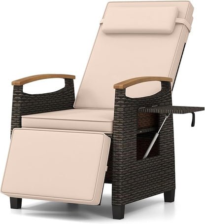 Tangkula Patio Wicker Recliner Chair, Rattan Lounge Chair w/Adjustable Backrest & Footrest, Flip Side Table, Push Back Reclining Seat w/Cushion for Backyard, Porch, Lawn (1, Beige)