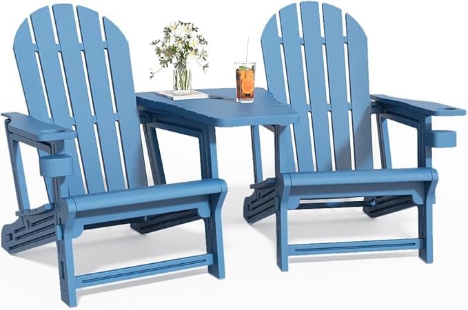 Adirondack Chair Set of 2, All Weather HDPE Adirondack Chair with Double Connecting Trays, Plastic Adirondack Chairs for Balcony, Deck, Patio, Backyard, Garden, Blue