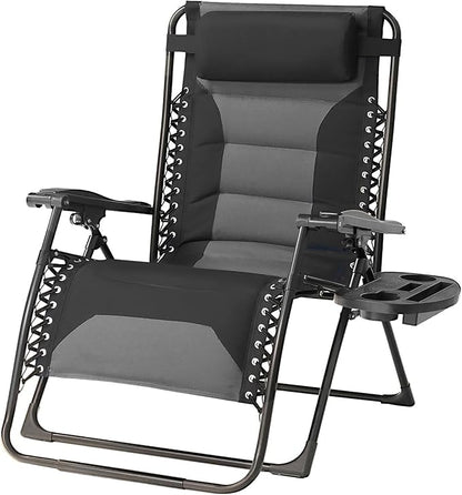 Zero Gravity Chair Oversized Padded Recliner with Adjustable Headrest & Cup Holder - XL 600D Oxford Folding Lounge Chair for Outdoor Camping, Patio, Poolside (Black & Gray)