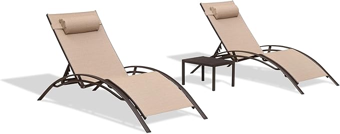 PURPLE LEAF Outdoor Oversized Chaise Lounge Chair Set of 3 Patio Pool Lounger Bronze Aluminum Chairs with Side Table - Photo 1