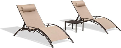 PURPLE LEAF Outdoor Oversized Chaise Lounge Chair Set of 3 Patio Pool Lounger Bronze Aluminum Chairs with Side Table Adjustable Tanning Recliner for Outside Backyard Yard Deck Beach Pebble Gray