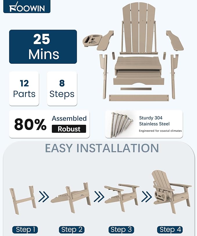 FOOWIN Folding Adjustable Adirondack Chair with Retractable Ottoman, HDPE Adirondack Chair w/4 in 1 Cup Holder Trays,All-Weather Resistant Fire Pit Chair for Outdoor Patio Lawn, Brown