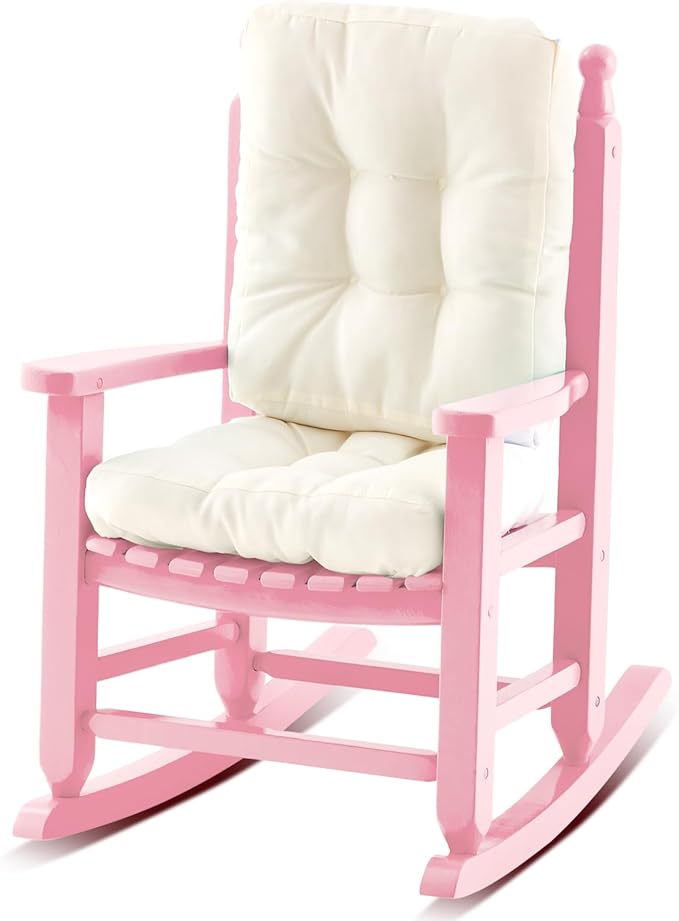 Kids Rocking Chair Cushion Pad Set Toddler Rocking Chair Indoor Outdoor Wooden Rocker Child Patio Rocker for Porch Balcony Lawn Indoor Outdoor(Pink,Ages 2-5)
