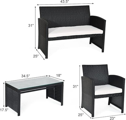 4PCS Patio Rattan Furniture Conversation Set Cushioned Sofa Table Garden Single Sofa