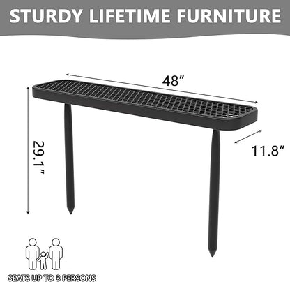 4 Ft Metal Park Benches for Outside, Outdoor Backless Bench with Thermoplastic Coating, Inground Mounted, Commercial Expanded Metal Mesh Bench for Shopping Mall, Store, Park, Patio, Deck, Black