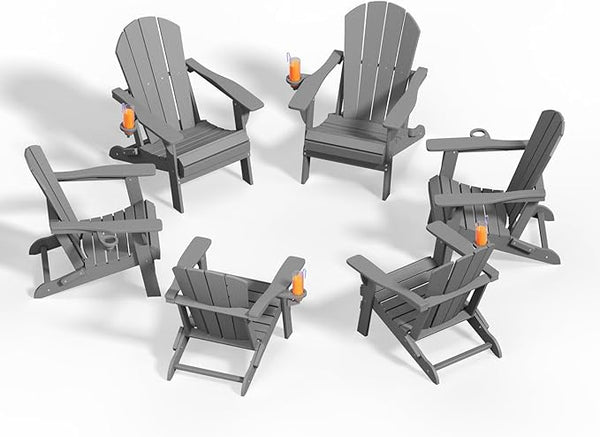 Folding Adirondack Chairs with Cup Holders, Set of 6 HDPE Plastic Outdoor Chairs, Weather Resistant, Real Wood Look - Photo 1