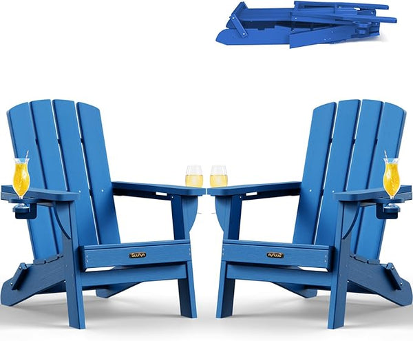 Folding Adirondack Chair 2 Pack, HDPE All-Weather Fire Pit Chairs, Plastic Adirondack Chairs with 2 Cup Holder - Photo 1