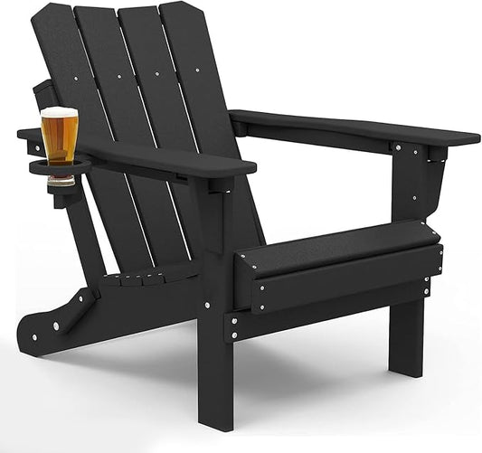 Adirondack Chair Oversized Folding Adirondack Chairs Recyclable HDPE Modern Adirondack Chair with Cup Holder Poly Lumber Patio Chairs for Pool Patio Garden Outdoors Fire Pit Black