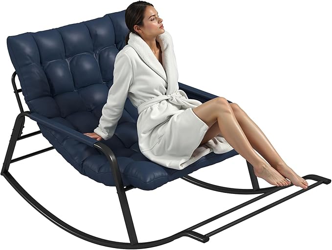 Oversized Outdoor Rocking Chair, Papasan Chair with Comfy Padded Cushions & Side Pocket, for Patio Garden, Porch, Lounge, Indoor, Navy