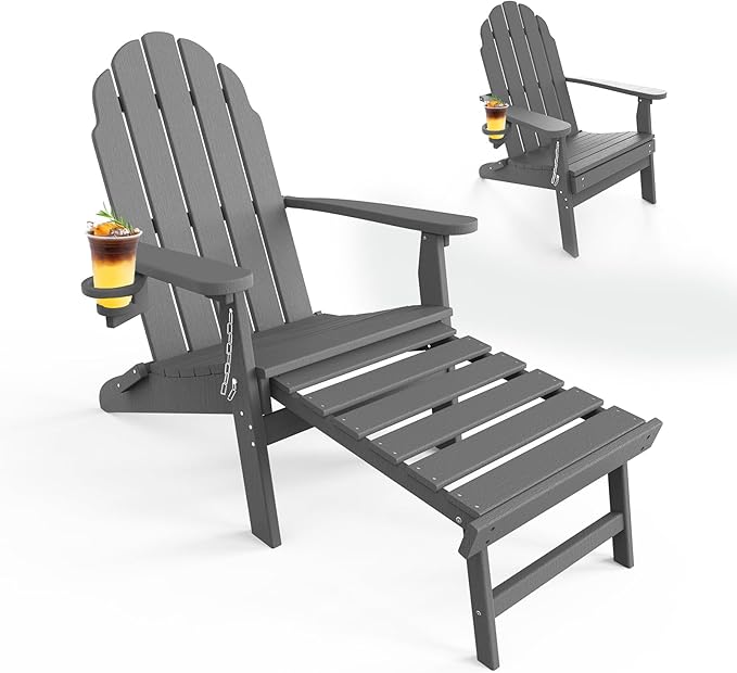Folding Adirondack Chair with Retractable Ottoman, HDPE Plastic Patio Chairs for All Weather, Fire Pit Chair with Cup Holder, Outdoor Lawn Chairs for Deck, Porch, Backyard, Gray