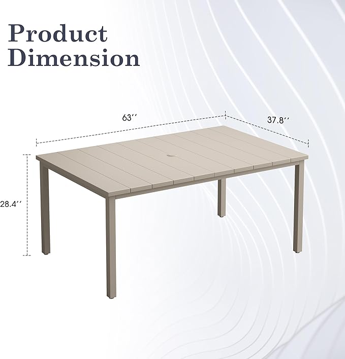 Outdoor Dining Table for 6, 63" Rectangle Outdoor Table with Adjustable Umbrella Hole, All-Weather Metal Patio Dining Table for Lawn Garden Backyard Deck, Sandshell