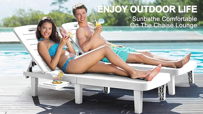 Outdoor Chaise Lounge Set of 4, Waterproof Resin Lounge Chairs for Outside w/Adjustable 5 Positions All Weather Recliner Chair for Patio, Poolside, Beach, Yard, White
