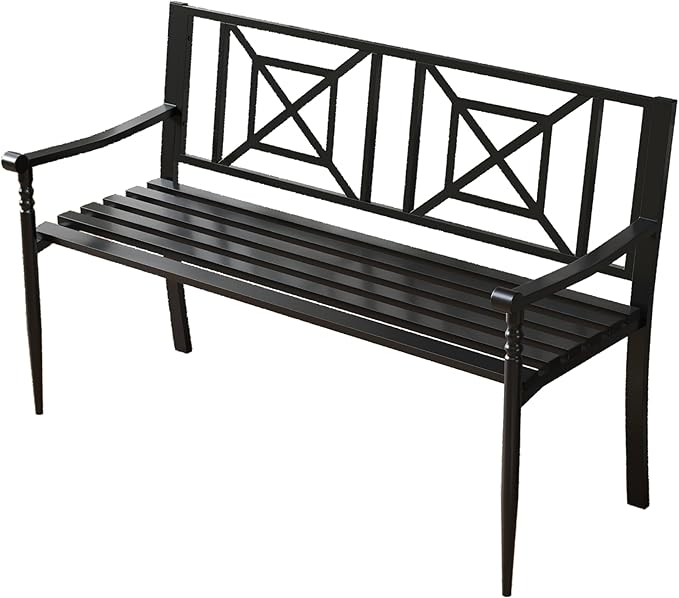 Tangkula 51" Metal Outdoor Park Bench, Slatted Garden Bench for 2-3 People, Patio Park-Style Loveseat with Curved Armrests, Heavy-Duty Outdoor Seating for Backyard, Lawn, Porch