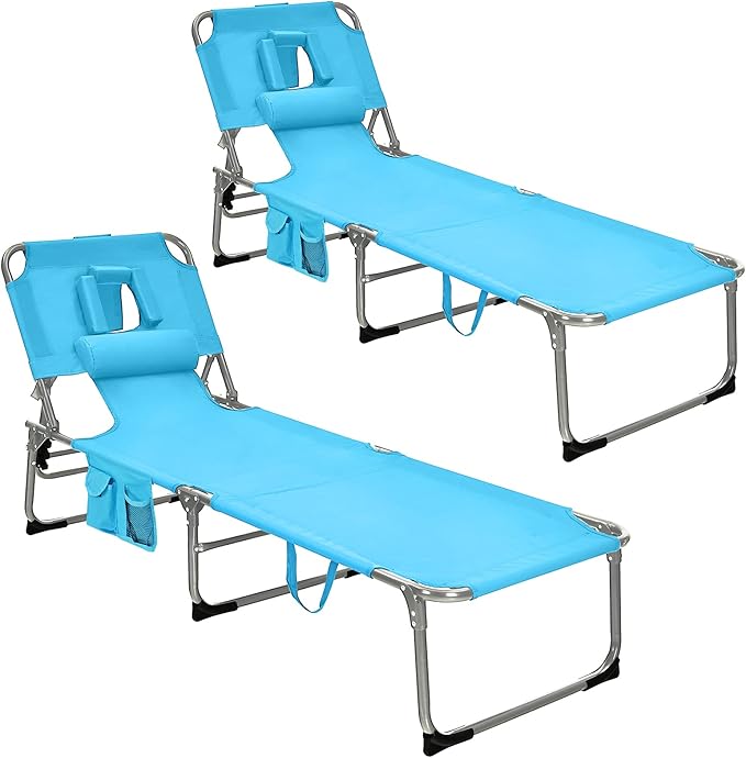 GYMAX Tanning Chair, Folding Beach Lounger with Face Arm Hole, Adjustable Backrest, Side Pocket & Carry Handle, Outside Sunbathing Lounge Chair for Patio, Poolside, Lawn (2, Turquoise)