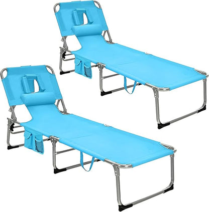 GYMAX Tanning Chair, Folding Beach Lounger with Face Arm Hole, Adjustable Backrest, Side Pocket & Carry Handle, Outside Sunbathing Lounge Chair for Patio, Poolside, Lawn (2, Turquoise)