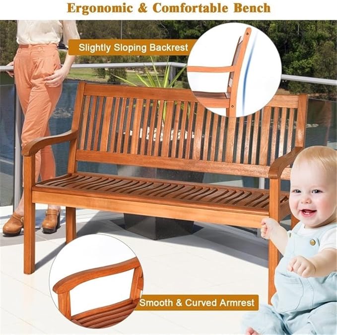 Pemberly Row 50" Eucalyptus Outdoor Garden Bench, Natural Finish, Solid Wood, Weather-Resistant, Ergonomic Design with Armrests, 2-Person Seating for Patio, Garden, or Poolside Use