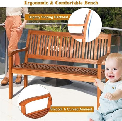 Pemberly Row 50" Eucalyptus Outdoor Garden Bench, Natural Finish, Solid Wood, Weather-Resistant, Ergonomic Design with Armrests, 2-Person Seating for Patio, Garden, or Poolside Use